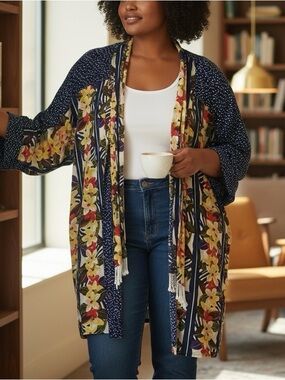 Vintage 90s Stephanie Thomas Floral Open Front Fringe Cardigan Women’s Size 20